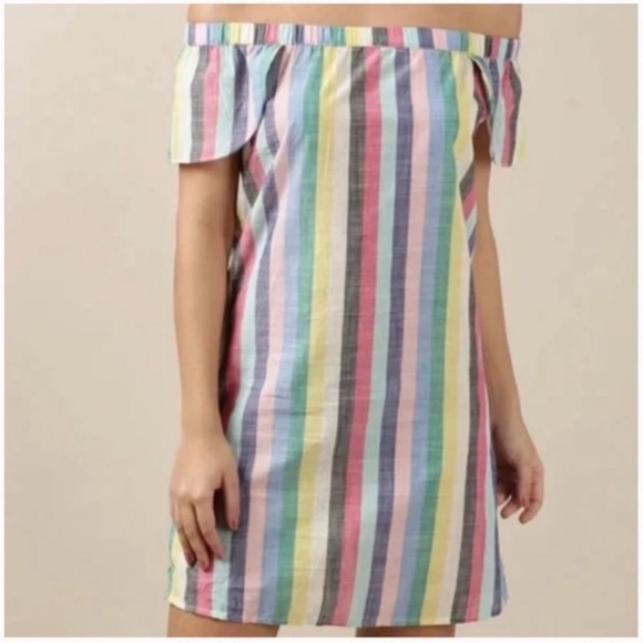 EUC J.Crew rainbow striped off the shoulder linen dress - Picture 2 of 6